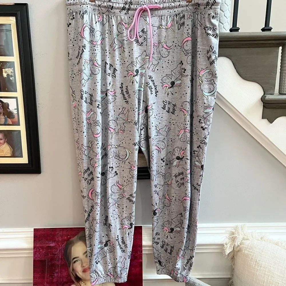 Briefly Stated Gray Happy Unicorn Jogger Pajama Pants sz 2X EUC
